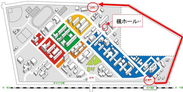 赤線の矢印はごみ拾いのルート。楓ホールはコスメペインツの会場