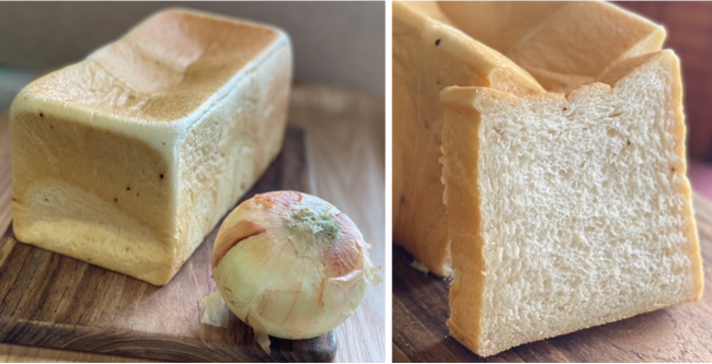 新発売の「『玉』食パン」（￥1,380税込） 淡路島産玉ねぎの甘みと、アクセントの胡椒・チーズのバランスが絶妙